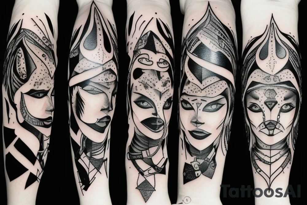Panther woman, standing with her back, in high heels in a long dress, with a sword in her right hand tattoo idea