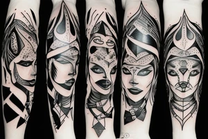Panther woman, standing with her back, in high heels in a long dress, with a sword in her right hand tattoo idea