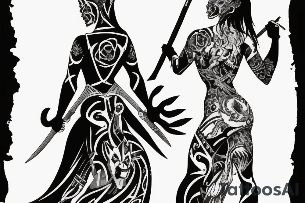 Panther woman, standing with her back, in high heels in a long dress, with a sword in her right hand tattoo idea