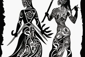 Panther woman, standing with her back, in high heels in a long dress, with a sword in her right hand tattoo idea