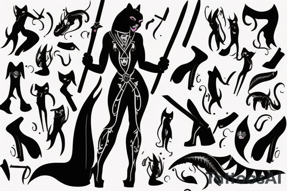 Panther woman, standing with her back, in high heels in a long dress, with a sword in her right hand tattoo idea