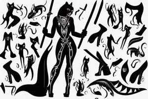 Panther woman, standing with her back, in high heels in a long dress, with a sword in her right hand tattoo idea