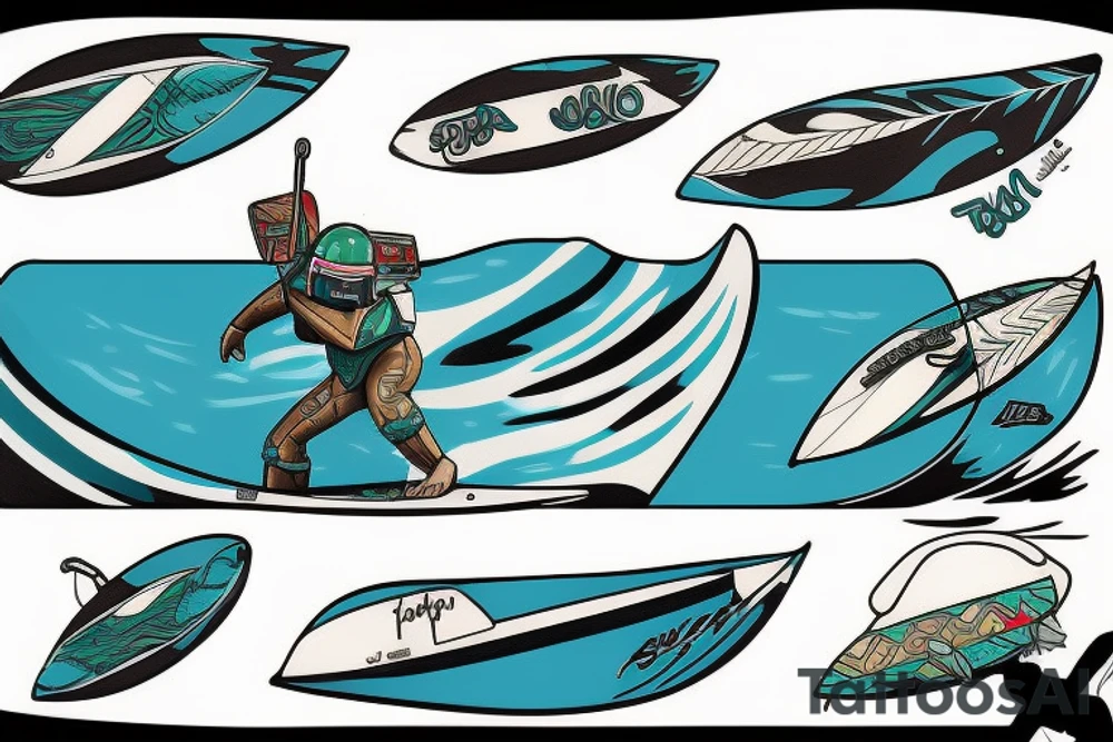Bobba Fett surfer on the wave tattoo idea