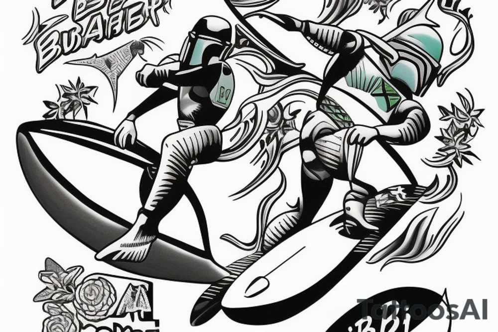 Bobba Fett surfer on the wave pin-up tattoo idea