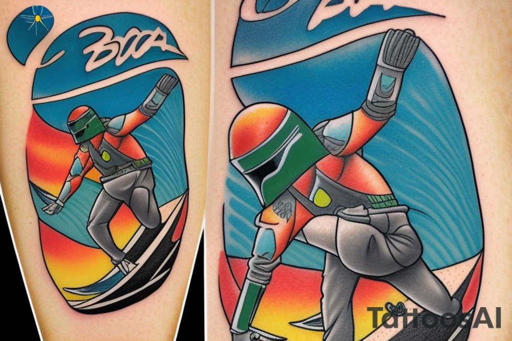 Bobba Fett surfer on the wave pin-up tattoo idea