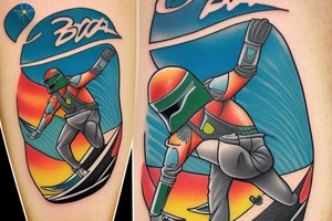 Bobba Fett surfer on the wave pin-up tattoo idea