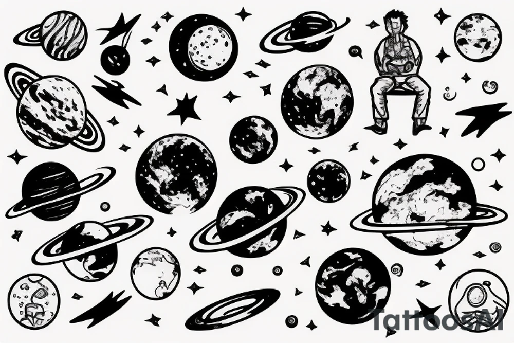 Man sitting on the planet and look at the space tattoo idea
