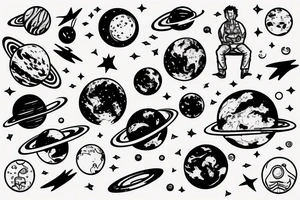 Man sitting on the planet and look at the space tattoo idea