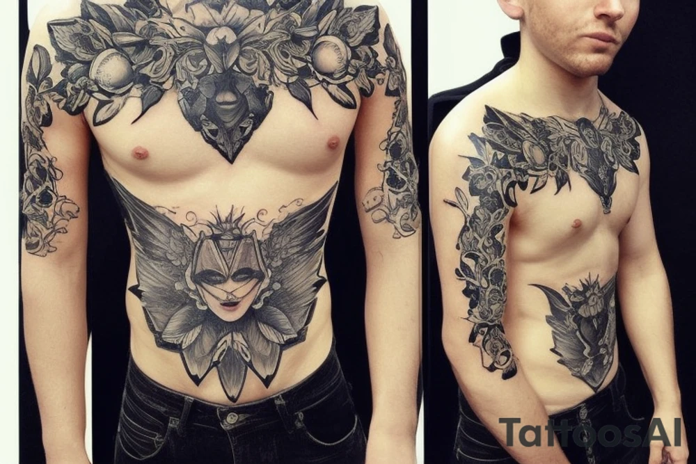 Самурай в доспехах рядом с спортивным мотоциклом двое детей tattoo idea