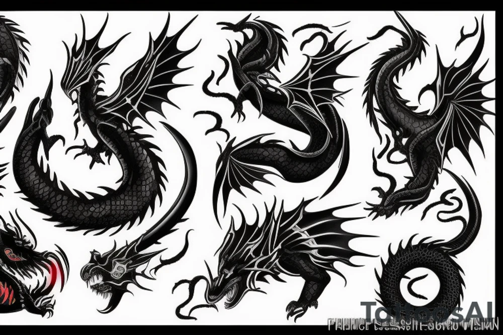 Black dragon and fire tattoo idea