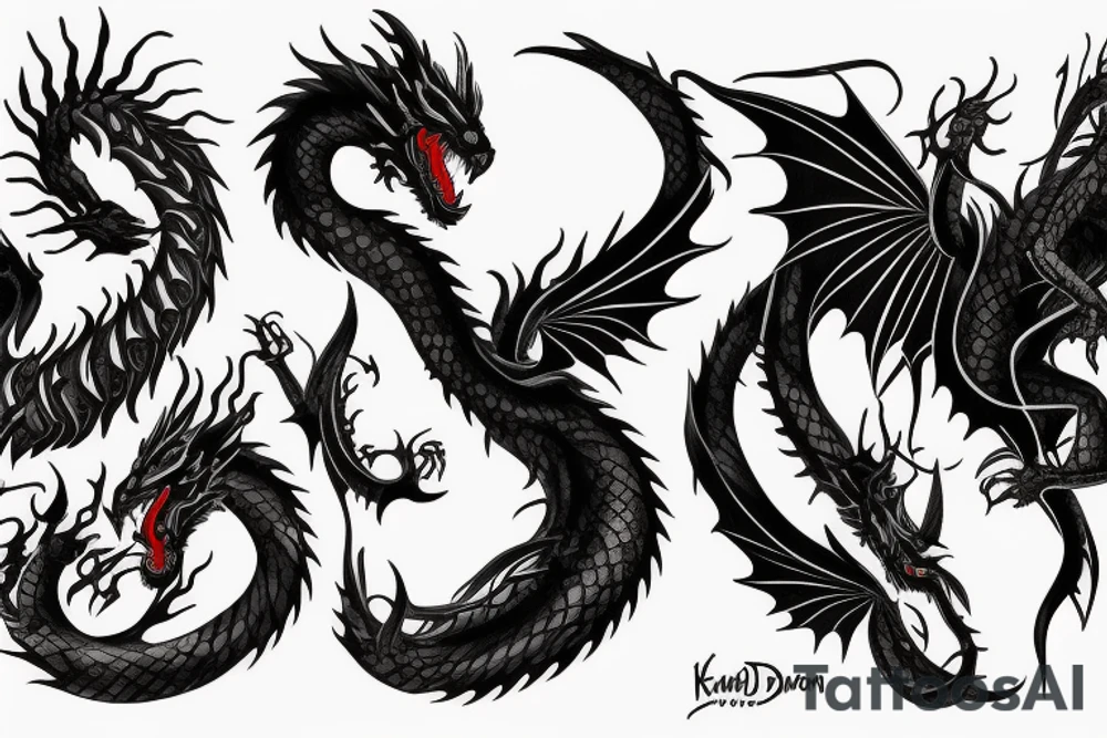 Black dragon and fire tattoo idea