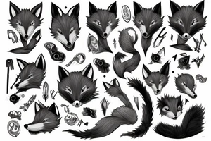 anthropomorphic fox with grey fur and black peek-a-bang hair tattoo idea