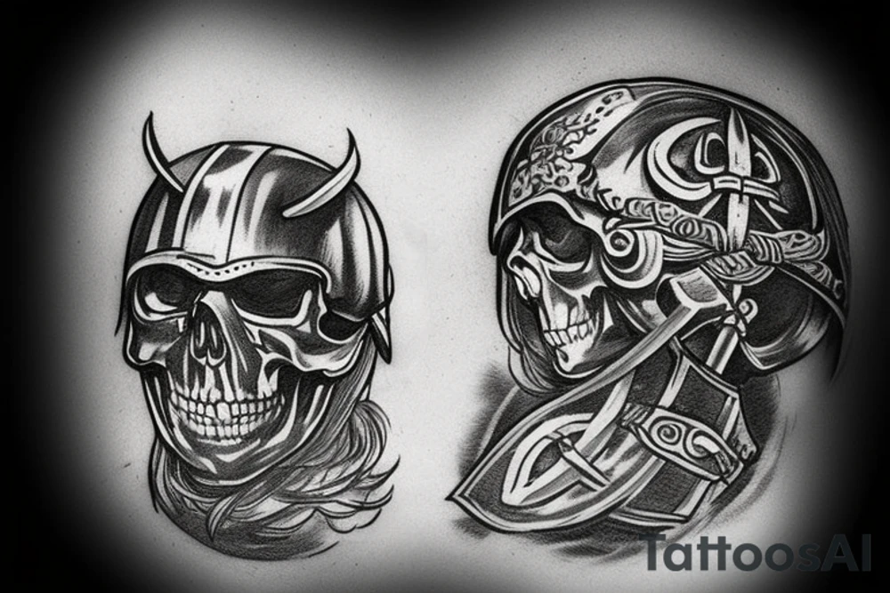 a skull in a Viking helmet with a sword and shield tattoo idea