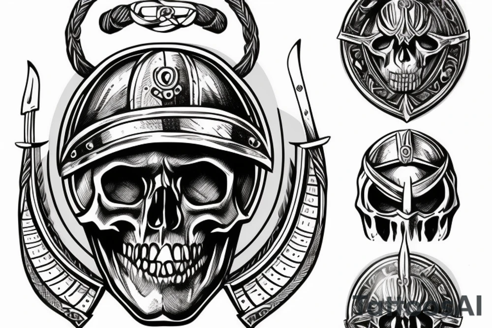 a skull in a Viking helmet with a sword and shield tattoo idea