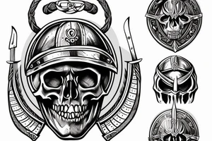 a skull in a Viking helmet with a sword and shield tattoo idea