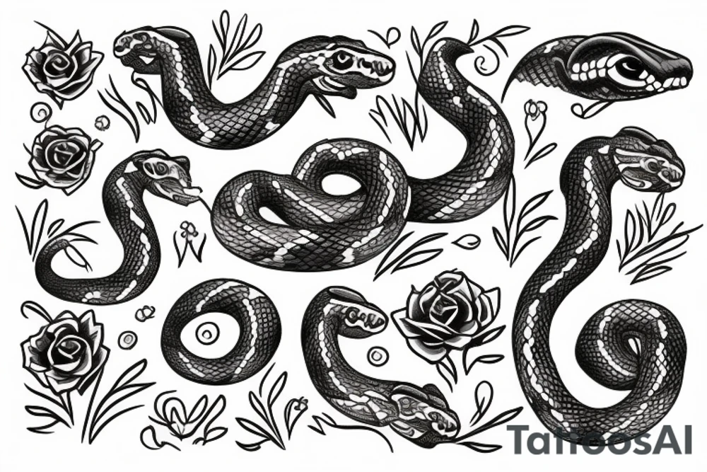 A snake beneath a bed of flowers tattoo idea