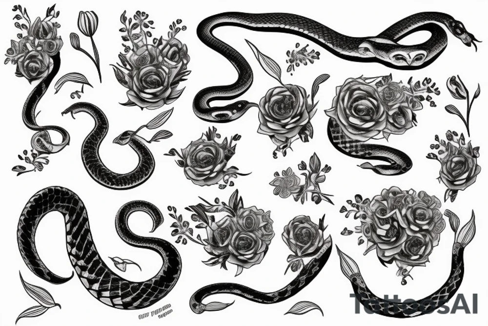 A snake beneath a bed of flowers tattoo idea