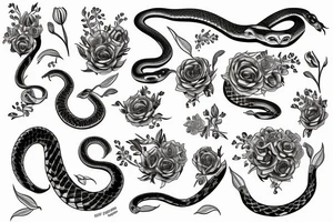 A snake beneath a bed of flowers tattoo idea