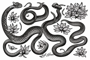 A snake beneath a bed of flowers tattoo idea
