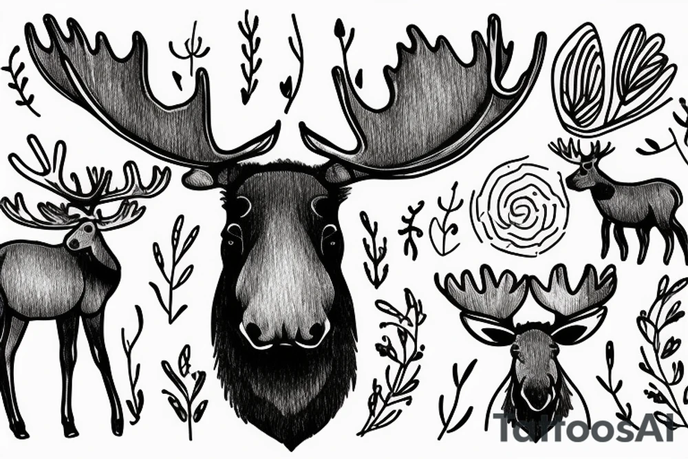a large moose and a baby moose with flowers and abstract shapes tattoo idea