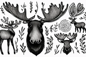 a large moose and a baby moose with flowers and abstract shapes tattoo idea