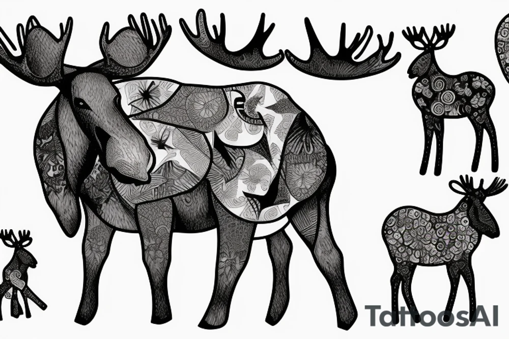 a large moose and a baby moose with flowers and abstract shapes tattoo idea