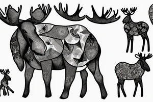 a large moose and a baby moose with flowers and abstract shapes tattoo idea