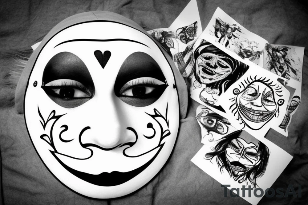 A happy mask pulled off an unhappy man’s face tattoo idea A happy mask pulled off an unhappy man’s face tattoo idea