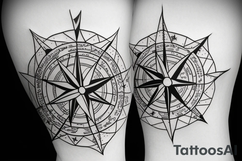 Compass with stars and mountains and a bunch of flowers tattoo idea