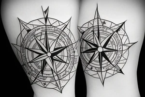 Compass with stars and mountains and a bunch of flowers tattoo idea