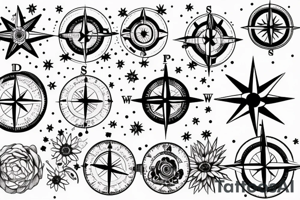 Compass with stars and mountains and a bunch of flowers tattoo idea