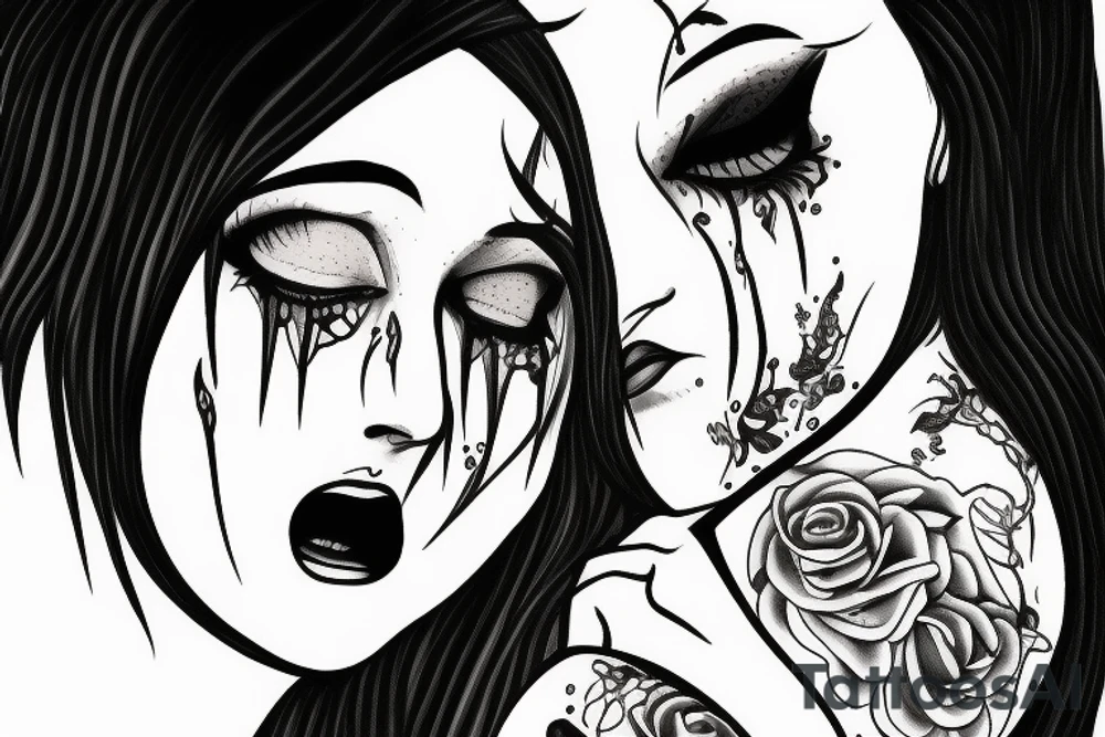 Crying girl with demons in the background tattoo idea