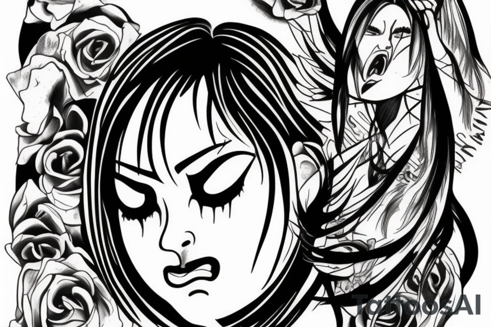 Crying girl with demons in the background tattoo idea