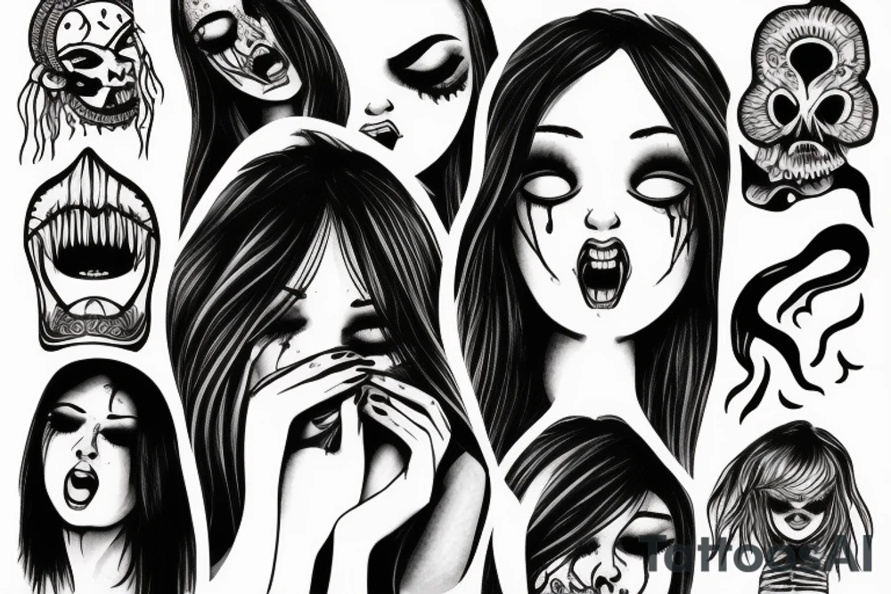 Crying girl with demons in the background tattoo idea