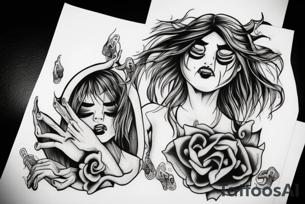 Crying girl with demons in the background tattoo idea