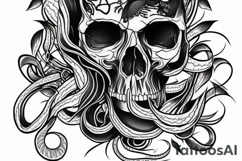 A human skull with a beautiful black snake surrounding it, blackwork tattoo idea A human skull with a beautiful black snake surrounding it, blackwork tattoo idea
