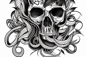 A human skull with a beautiful black snake surrounding it, blackwork tattoo idea