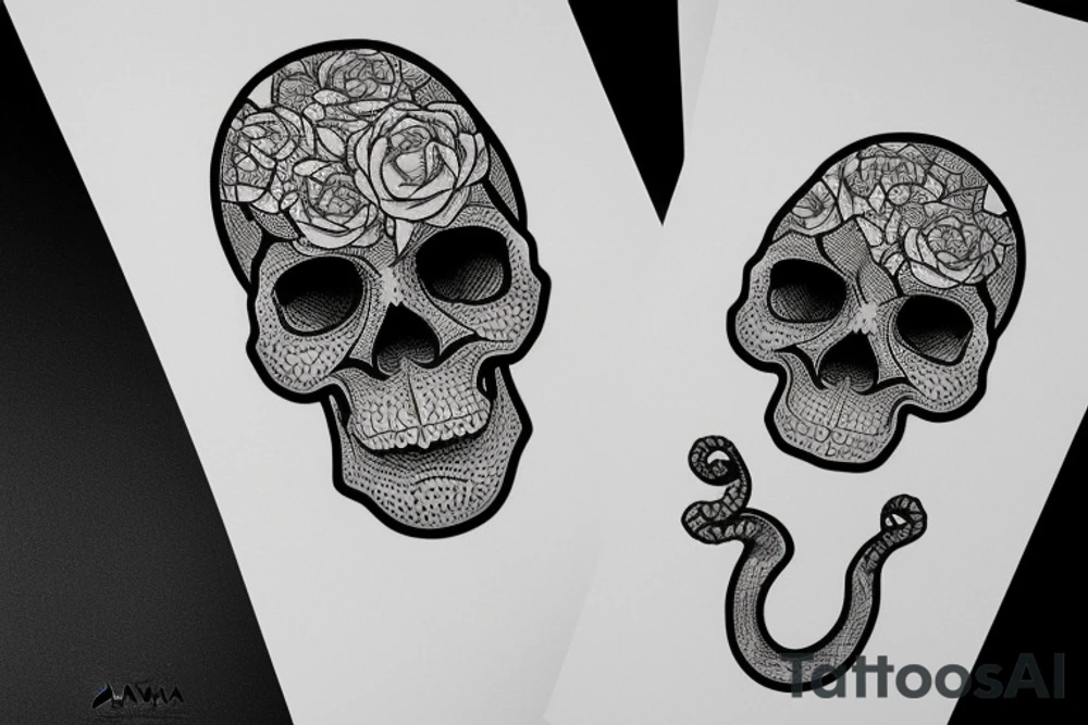 A human skull with a beautiful black snake surrounding it, blackwork tattoo idea