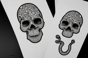 A human skull with a beautiful black snake surrounding it, blackwork tattoo idea