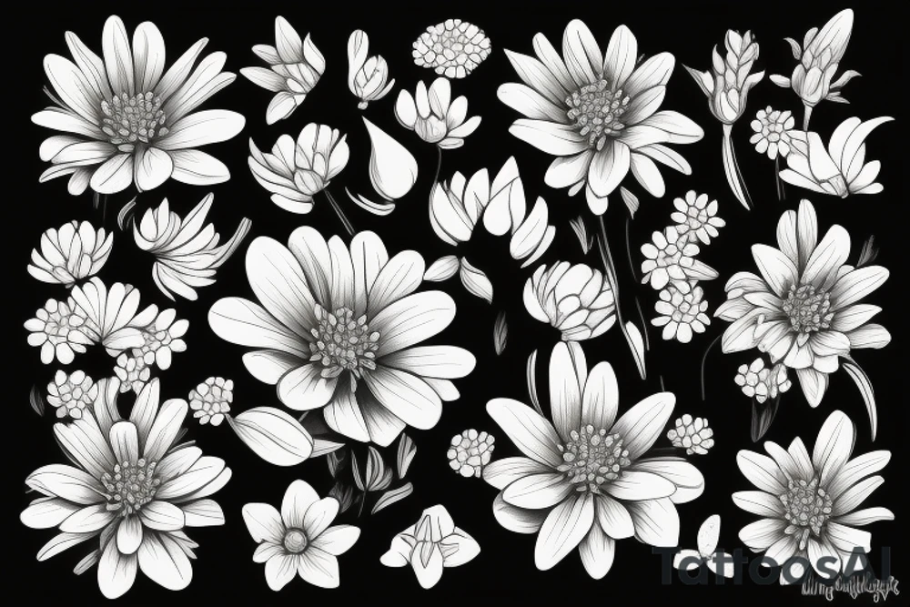 bouquet of flowers rose chrysanthemum lupine forget-me-not lily butterflies tattoo idea