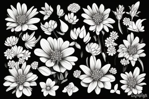 bouquet of flowers rose chrysanthemum lupine forget-me-not lily butterflies tattoo idea