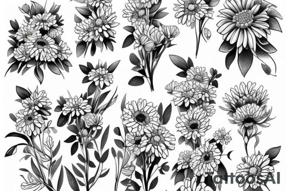 bouquet of flowers rose chrysanthemum lupine forget-me-not lily butterflies tattoo idea