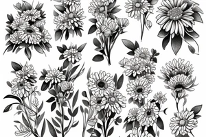 bouquet of flowers rose chrysanthemum lupine forget-me-not lily butterflies tattoo idea