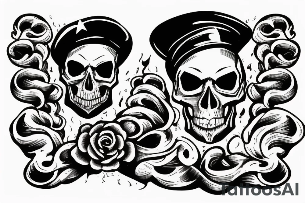 A skull in a black beret against the background of crossed old cannons.  Flames from above tattoo idea
