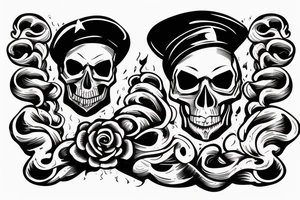 A skull in a black beret against the background of crossed old cannons.  Flames from above tattoo idea