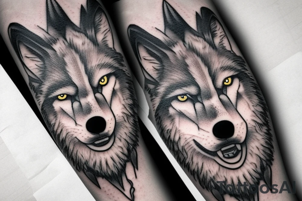 Grumpy wolf realistic gray smirk snarl tattoo idea