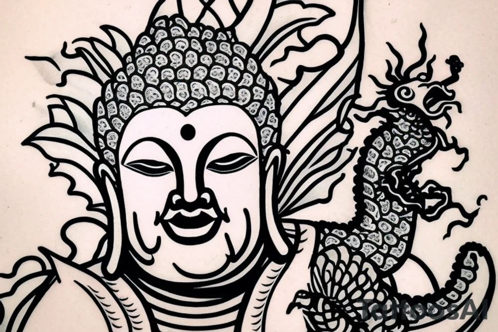 A buddah with an flying dragon around him, background are leafs tattoo idea