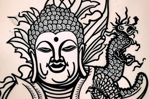 A buddah with an flying dragon around him, background are leafs tattoo idea