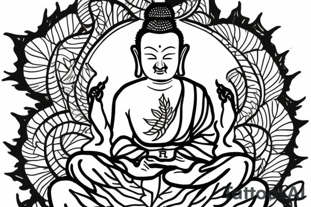 A buddah with an flying dragon around him, background are leafs tattoo idea
