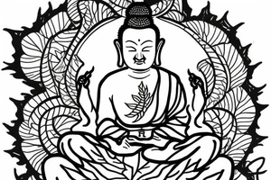 A buddah with an flying dragon around him, background are leafs tattoo idea